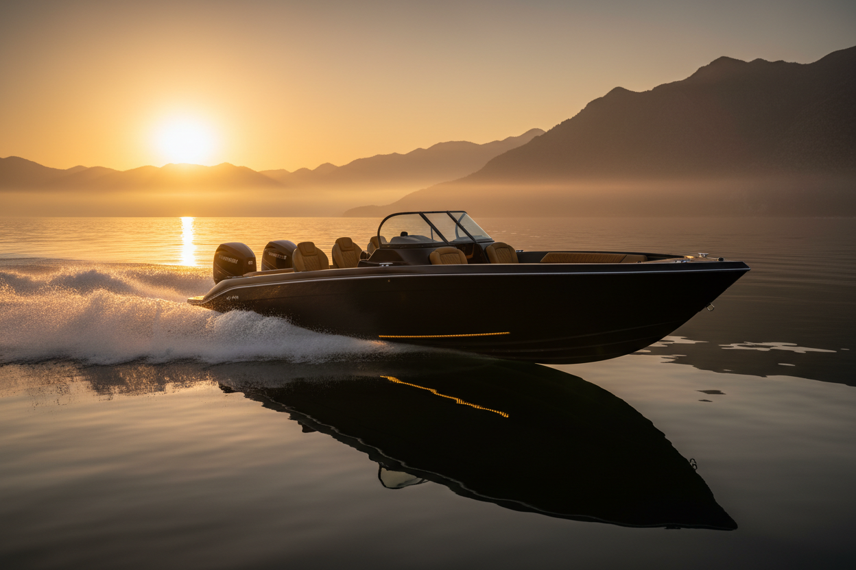 Ironclad Wilderness Apex Luxury Fishing Boat on water at golden hour