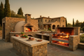 Outdoor Stone Kitchen With Firebrick Pizza Oven and Large Rotisserie BBQ